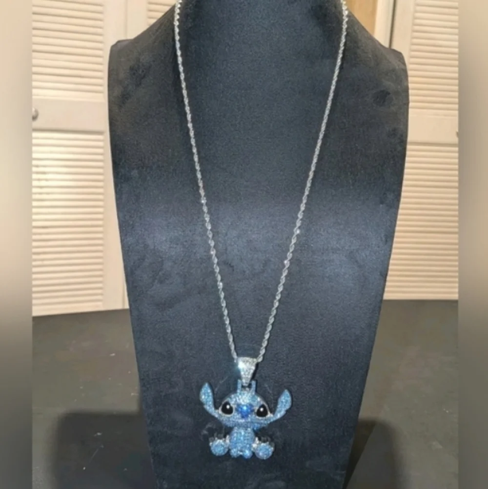 Stitch Character Rhinestone Pendant On Silver Tone Hip Hop Necklace 24